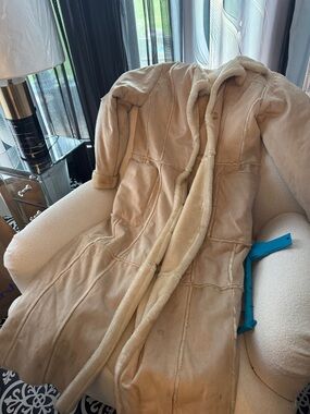 Big Chill Long Hooded Shearling Coat in Beige